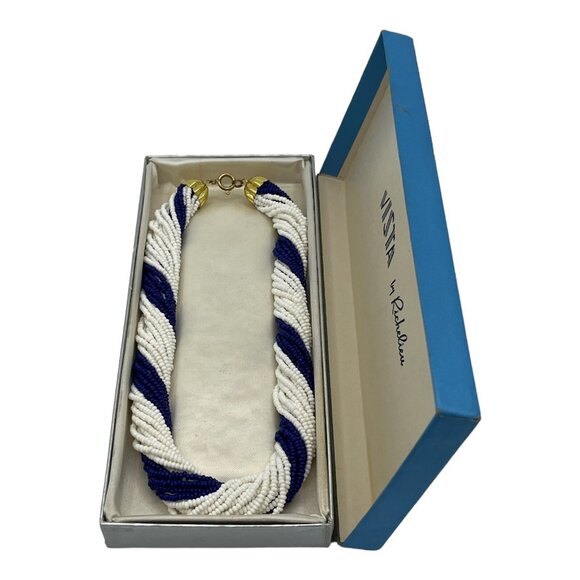 Vintage Vista By Richelieu Beaded Necklace Choker White Navy Blue Twisted w/Box - Picture 2 of 9